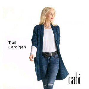 CAbi "Trail" Long Navy Cardigan – Shawl Collar, Button-Up, Relaxed Fit (Medium)